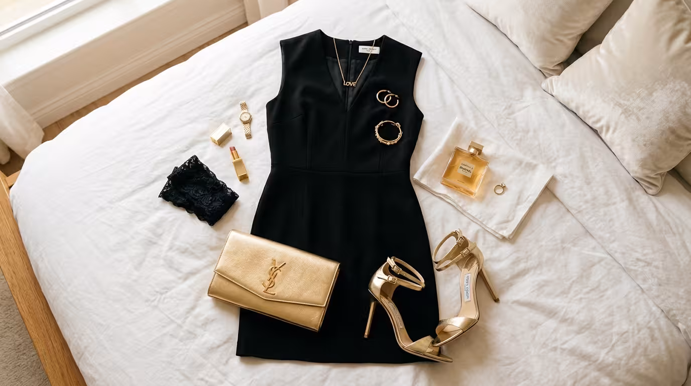 Elegante outfit flat lay met jurk, schoenen en accessoires — sugar date outfit stijltips